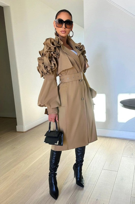 Plus Sized Floral Ruffle Sleeve Transition Trench Coat