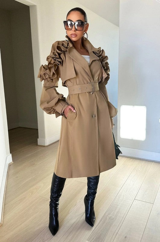 Plus Sized Floral Ruffle Sleeve Transition Trench Coat