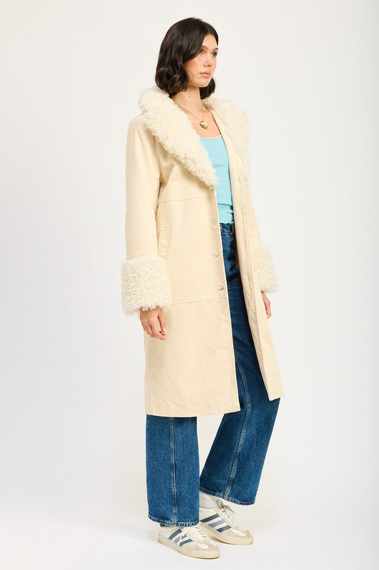 Corduroy Trench Coat w Faux Fur