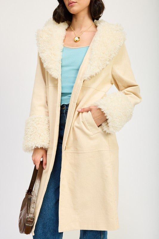 Corduroy Trench Coat w Faux Fur