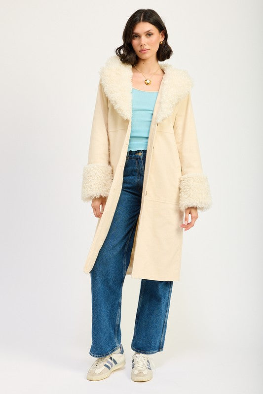 Corduroy Trench Coat w Faux Fur