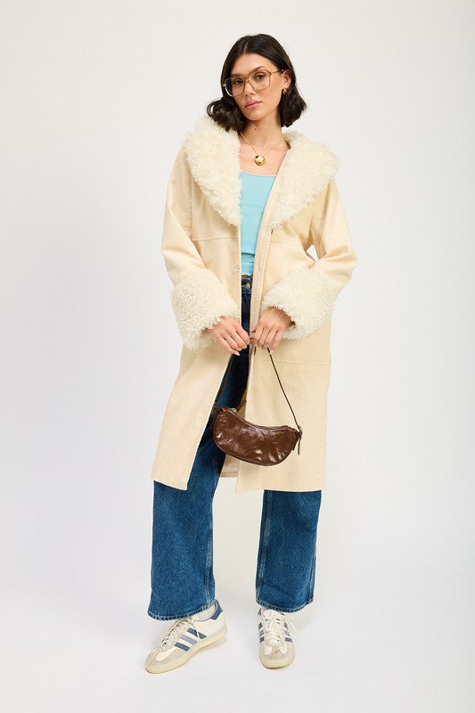 Corduroy Trench Coat w Faux Fur