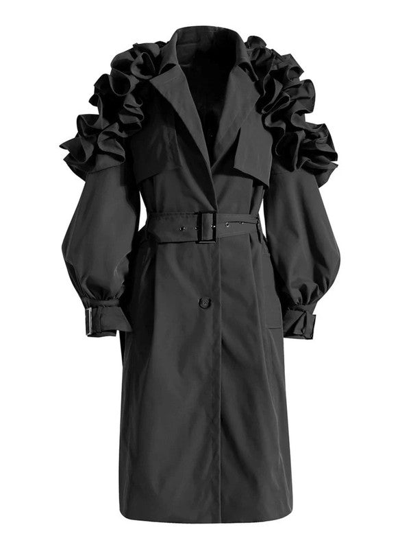 Plus Sized Floral Ruffle Sleeve Transition Trench Coat