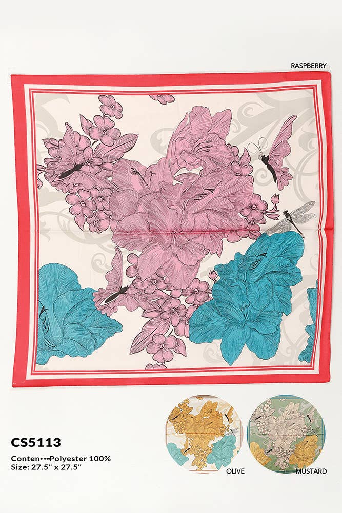Flower with Butterfly Print Square Silky Scarf