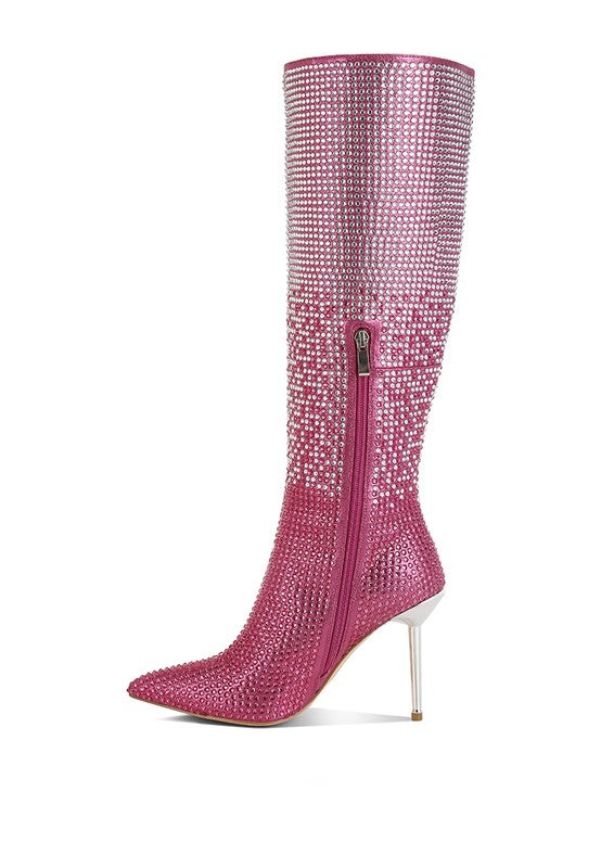 Orymple Shiny Rhinestone Studded Calf Boots